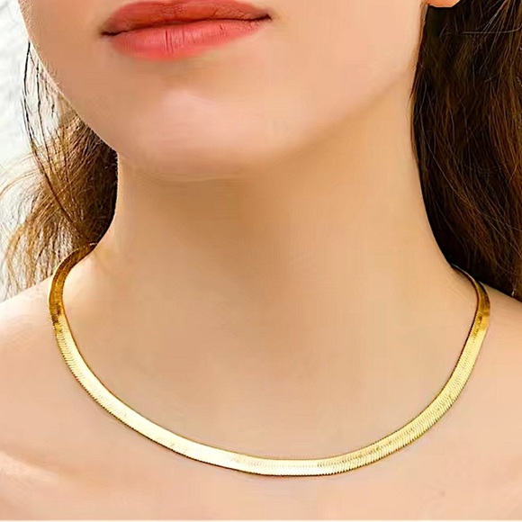 Gold Plated Herringbone Flat 18K Snake Necklace - Picture 1 of 6
